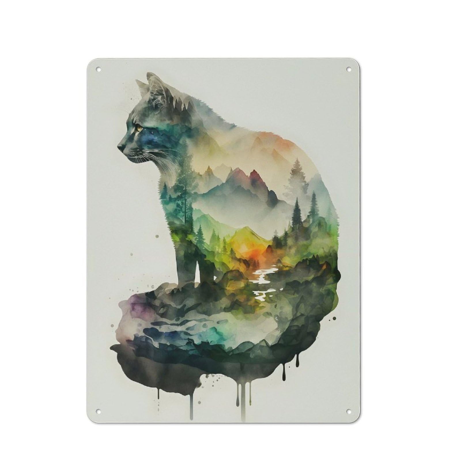 Cat Nature Watercolors Character Metal Wall Decor 40x30cm, Vintage Metal Sign for Home, Shop, Pub Or Studio Wall