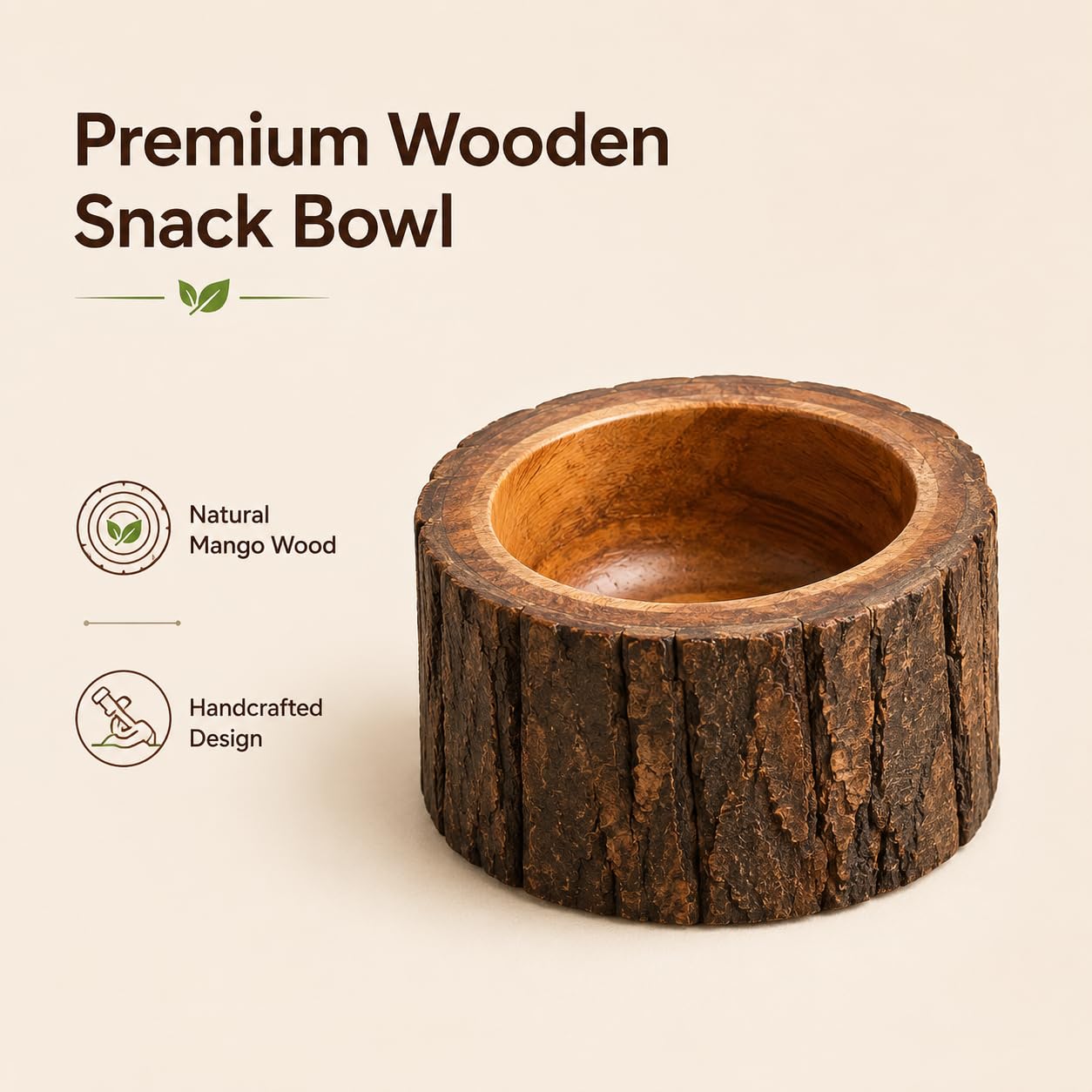 Juego de cuencos de madera rústica con bandeja giratoria, cuencos de madera de mango hechos a mano con corteza de árbol natural para ensaladas, frutas y decoración de cocina (juego de 3)