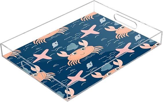 Kigai Pastel Crabs Serving Tray with Handles, 12x16 Inch Decorative Acrylic Tray Organizer, Multi-Purpose Sturdy Serving Platter for Coffee Table, Kitchen, Vanity, Nightstand