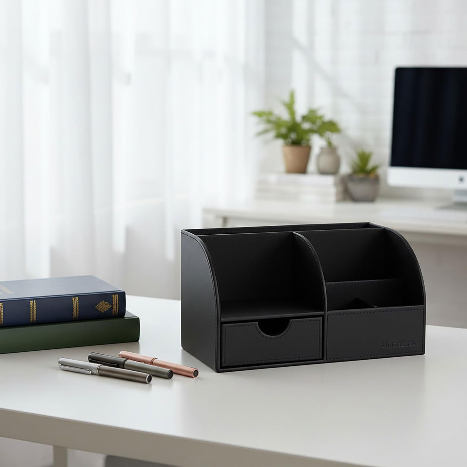 UnionBasic Organizer da scrivania, multifunzione, in pelle, portapenne, porta biglietti da visita, penne, matite, telefono cellulare, cancelleria, nero