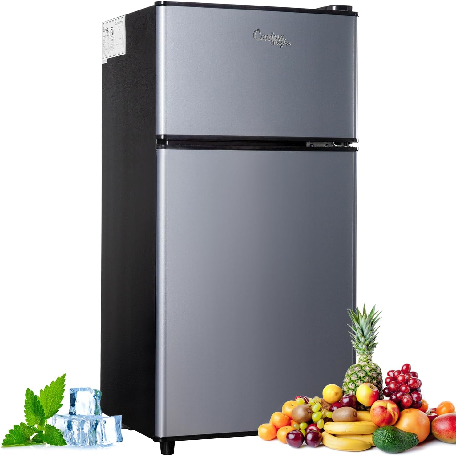 Mini Fridge with Freezer, 3.2 cuft Small Refrigerator, 7 Adjustable Thermostat, Energy Saving, Low Noise, Double Door Compact Refrigerator for Dorm, Bedroom, Office