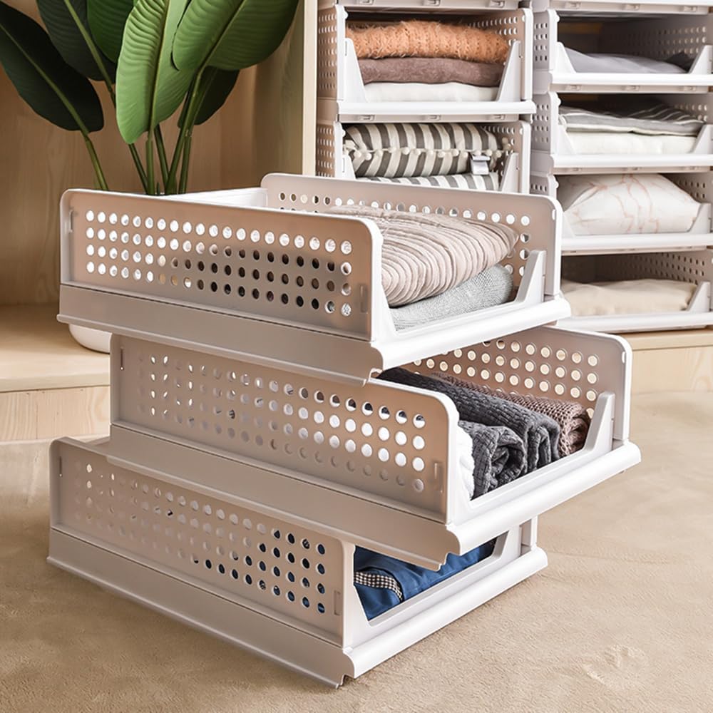 Organizador Apilable para Armario, Cajón Deslizante, Bolsa de Almacenamiento, Organizador de Ropa para Armario, para Ropa - 33,5 x 43 x 42 cm, 3 (2 PC) - Blanco