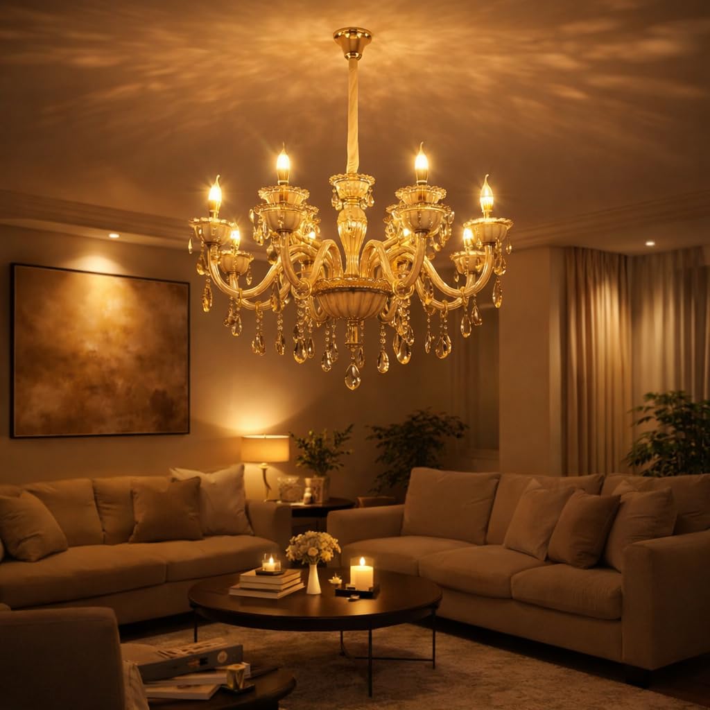 TRIPPING 6-Light Golden Crystal Chandelier – Luxury Warm White Hanging Ceiling Light with Premium Glass Crystals, Elegant Classic Design for Living Room, Dining Hall, Hotel Lobby & Villa Interiors-image-31