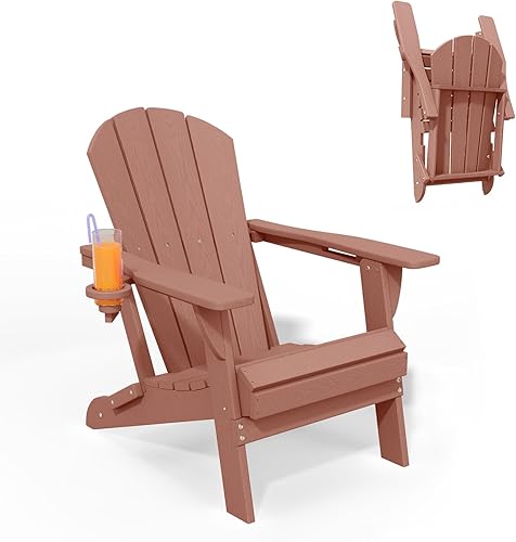 Silla Adirondack plegable con portavasos, sillas de plástico HDPE para exteriores, resistente a la intemperie, aspecto de madera real para patio,
