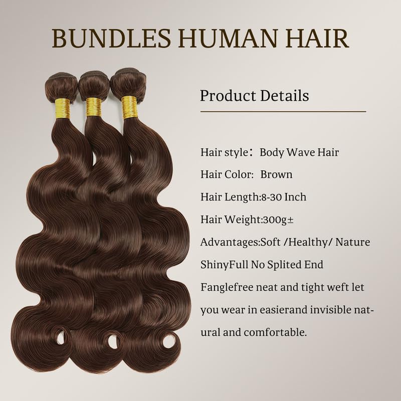 8 10 12 Inch Body Wave Human Hair Bundles Brown Bundles Human Hair Double Weft 3 Bundle Brazilian Virgin Human Hair Weave for Black Woman Natural Brown Color (#4，300g/Pack)