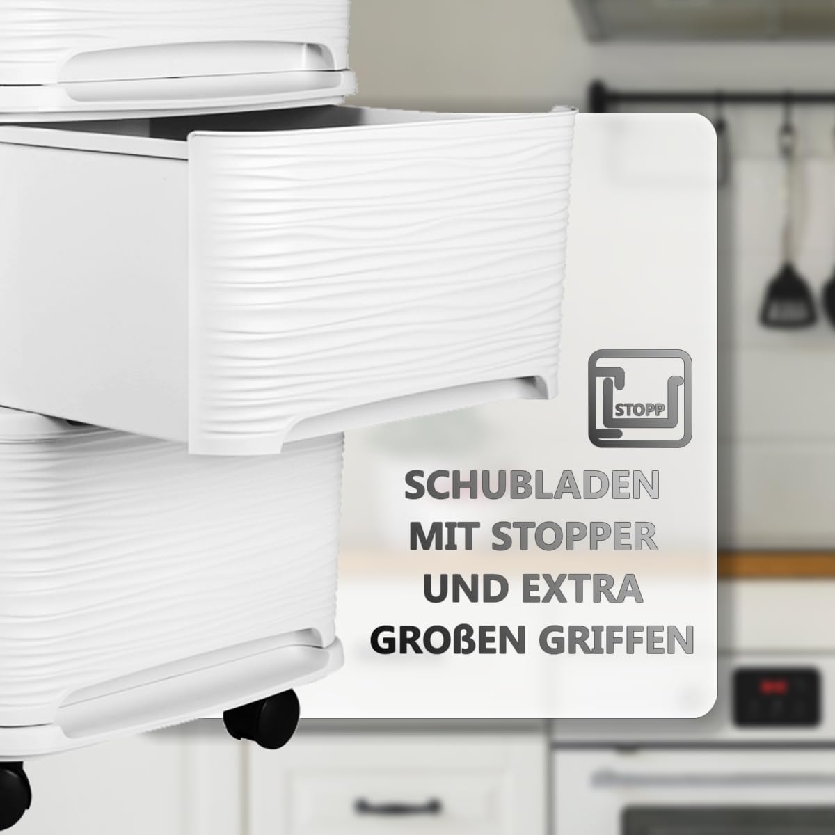 Schubladenschrank mit Rollen Rollcontainer mit 3 Schubladen Rollschrank Kunststoff Rollwagen (Weiß)