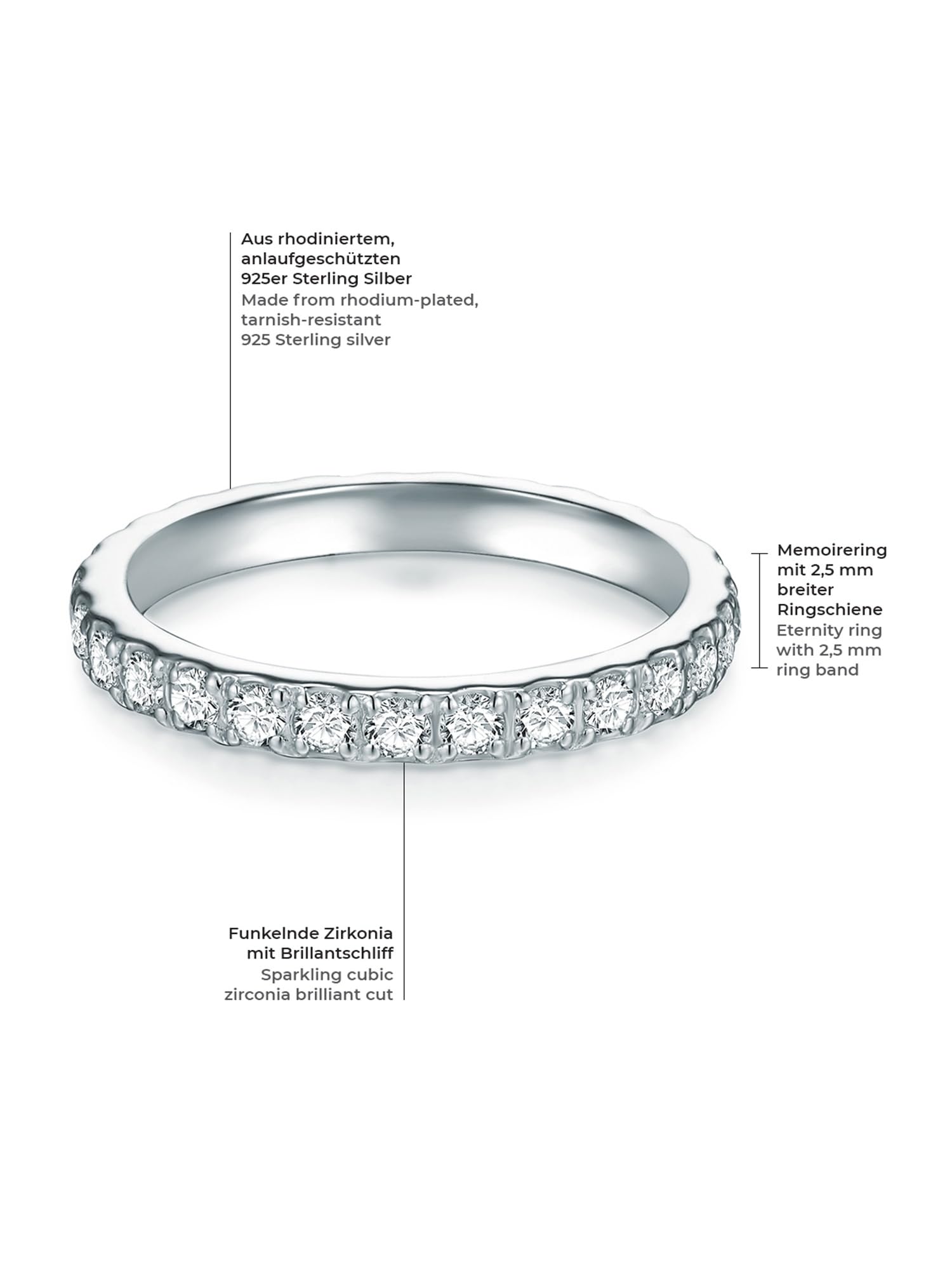 Trilani Damen Ring Memoirering aus 925/- Sterling Silber mit Zirkonia Weiß | Brillantschliff,Bandring,Verlobungsring,Vorsteckring,Antragsring,Silberring mit Steinen
