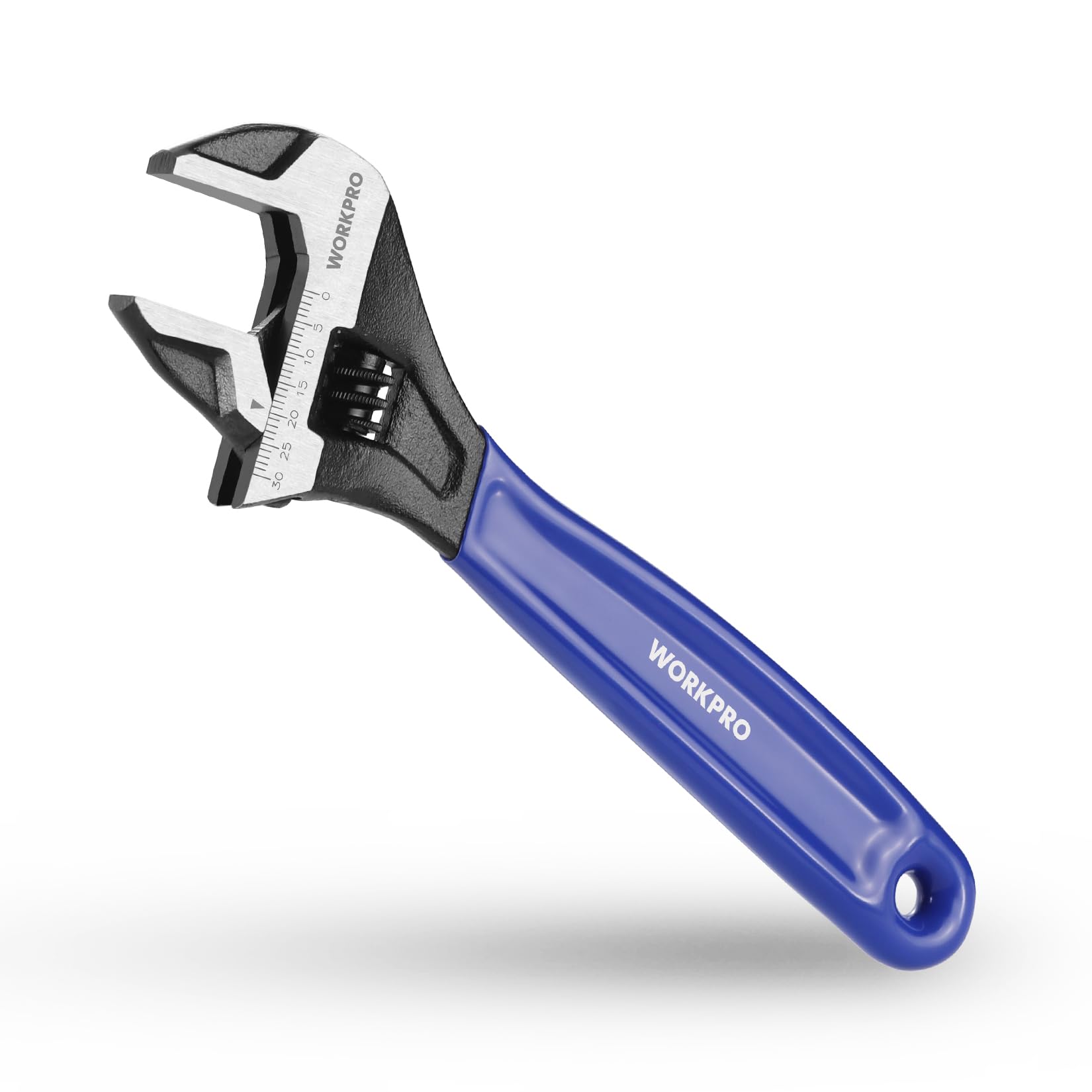 WORKPRO 200 mm Wide Mouth Adjustable Wrench, Metric Adjustable Spanner with Bi-Material Soft Grip, Blue