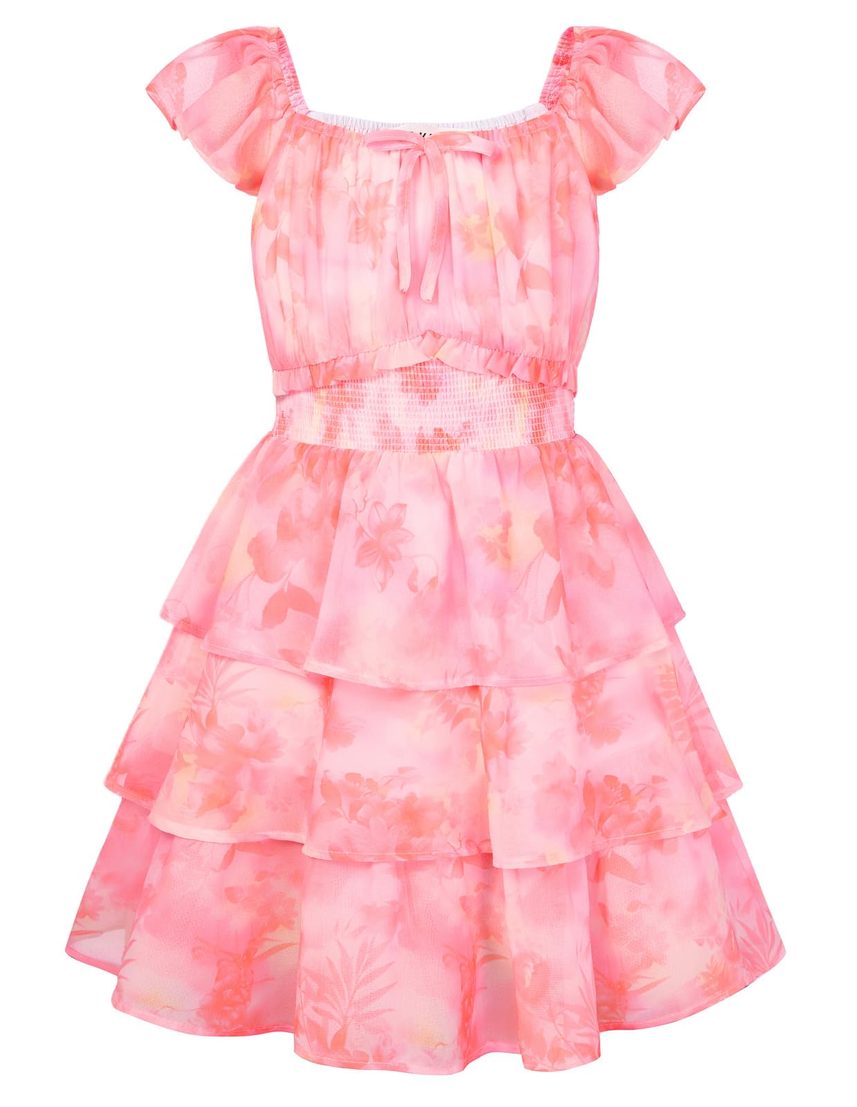 GRACE KARIN Mädchen Kleider Sommer Chiffon Blumenkleid A-line Tiered Rüschenärmel Midikleid mit Elastischer Bund Riemen