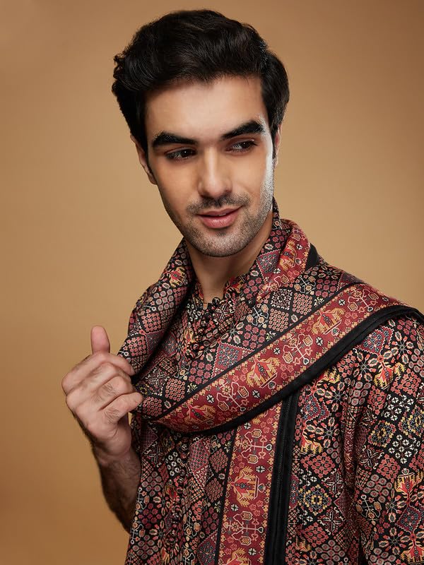 Image of KISAH Men's Kurta Patiala Set with Dupatta, Black Cotton Blend, Printed Regular Fit Mandarin Collar Long Sleeves