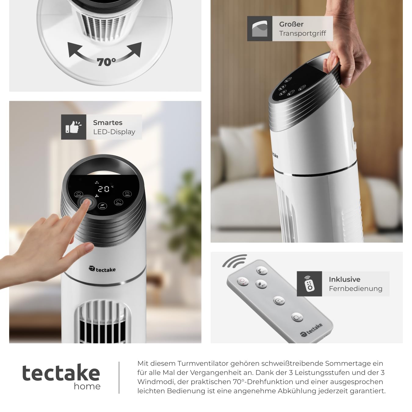 tectake® Turmventilator mit Touch-Bedienfeld mit LED-Beleuchtung & Temperaturanzeige, 3 Geschwindigkeitsstufen, 3 Windmodi, 70° Drehung, einstellbarer Timer, Fernbedienung & Transportgriff - 90cm