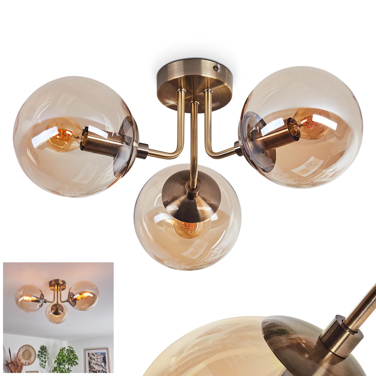 Hofstein Light/Amber Cabalonga Ceiling Modern Ceiling Lamp Made Of Metal/Glass In Antique Brass/ Colours, Retro/Vintage Design Luminaire With Glass Shade (Ø 15 Cm), 3 S, 3 X E14, Without Bulbs
