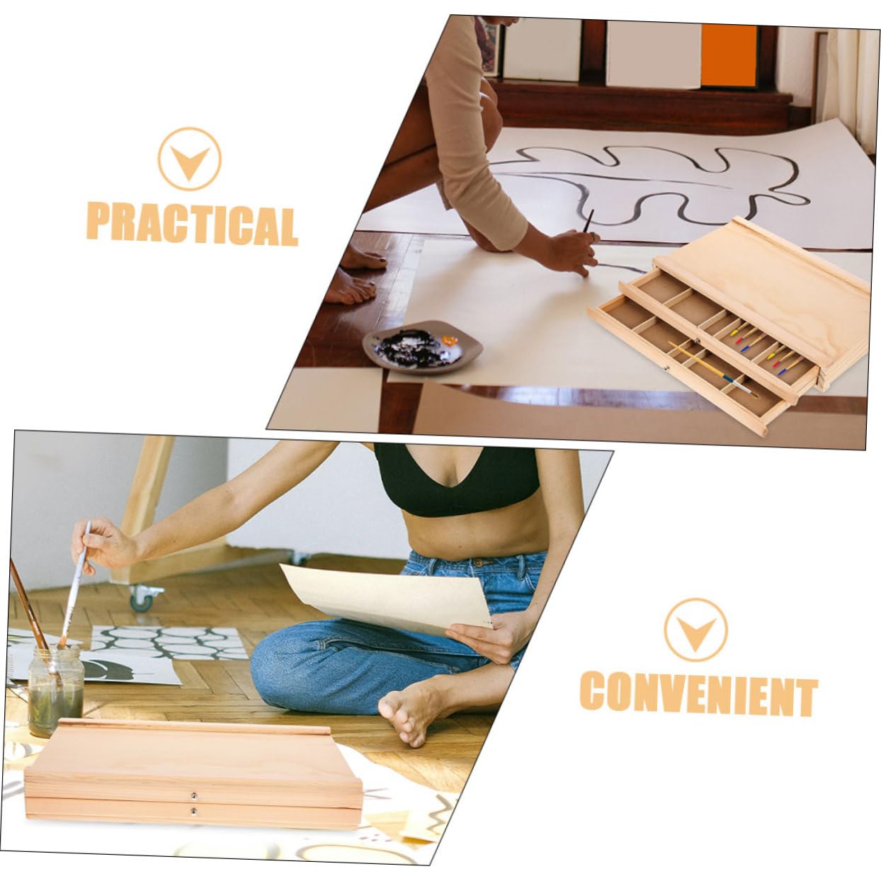 Boîte de Rangement pour Matériel D’art en Bois, Portable, à Tiroirs
