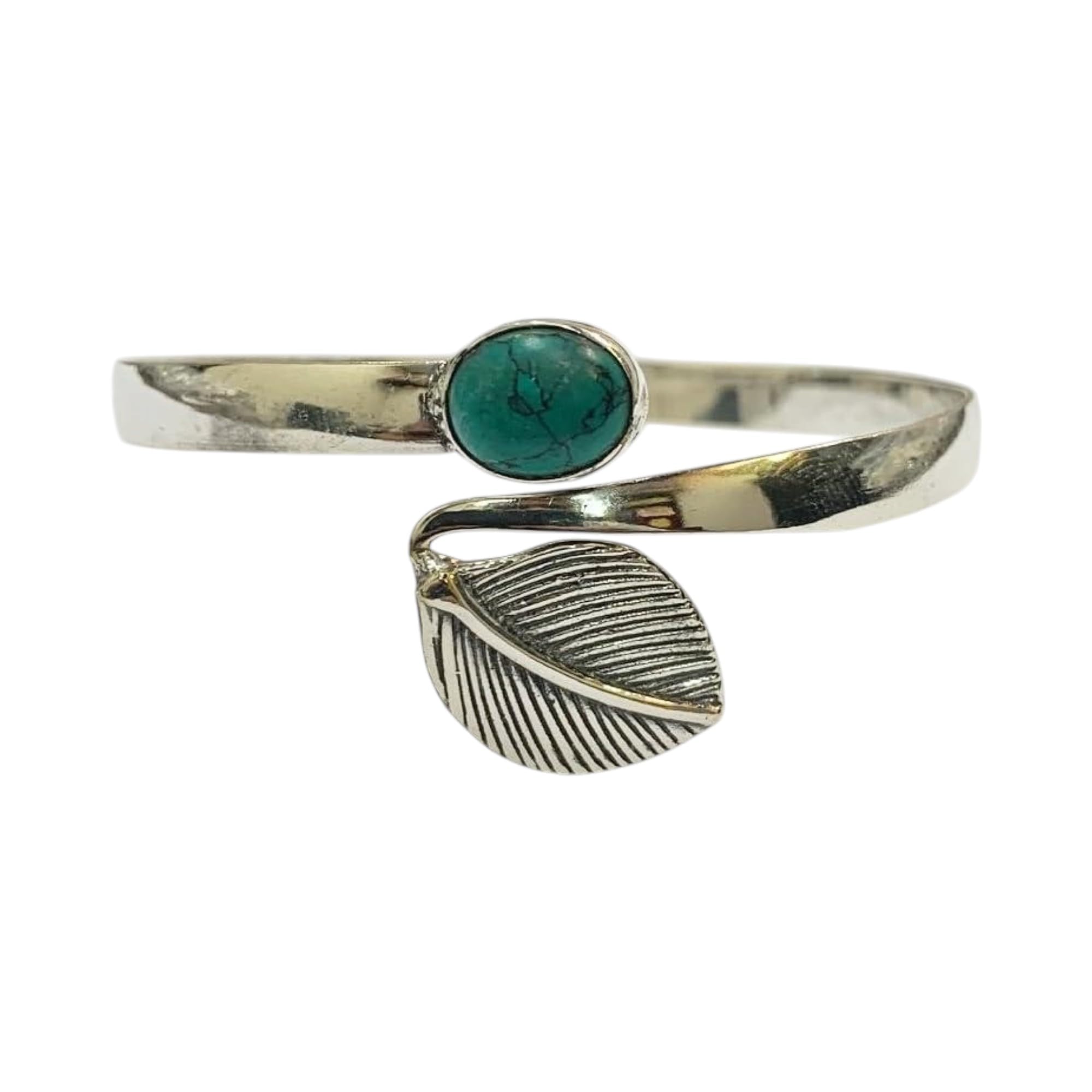 VIE Silver Plated Adjustable Leaf Cuff Bangle, Turquoise (Dyed Howlite)