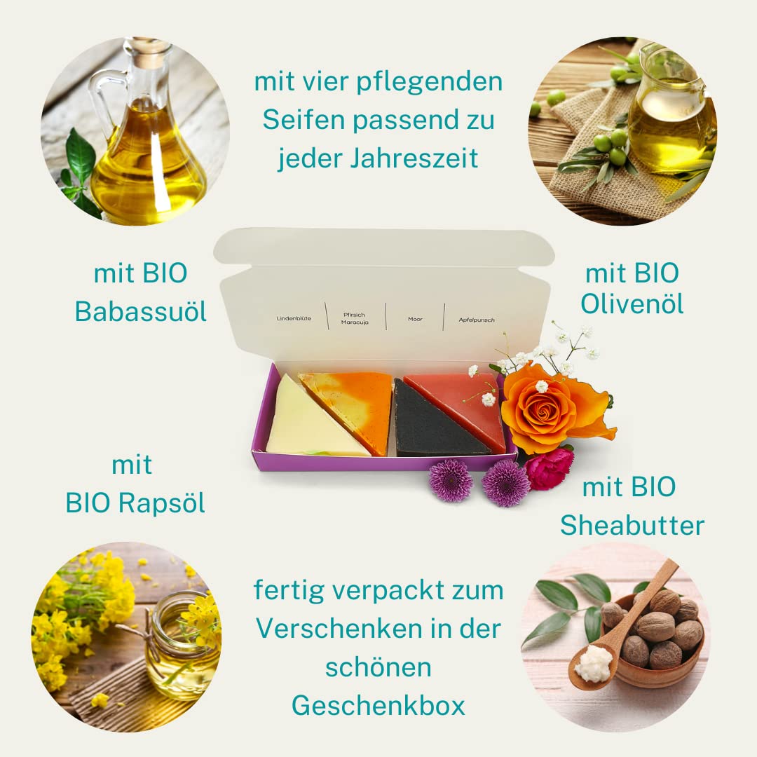 Manufaktur, 4 Naturseifen Vier Jahreszeiten in der Geschenkbox, vegan, ohne Palmöl, handgemacht