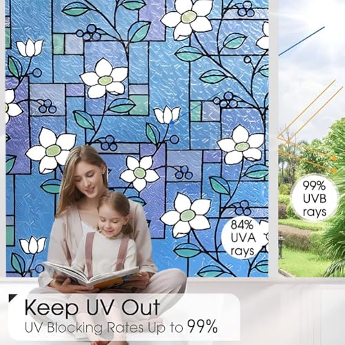 Image of MOCOCO Premium Vinyl Privacy Stained Window Glass Sticker (12x25 Inch) - Self-Adhesive Decorative Film Opaque Sheet Tint Wallpaper for Glass Cover Window, Door, Office, Home.| Anti-UV. Mystic Blue