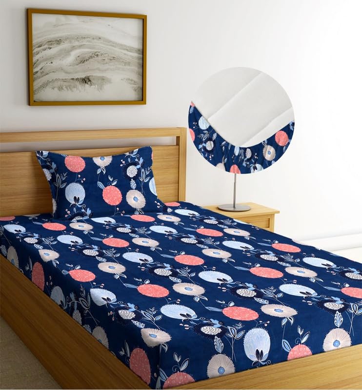 Image of la'amour Cotton All Round Elastic Fitted Bedsheets with 1 Pillow Cover|Single Mattress Bed Breathable| Longlasting | Supersoft Size - 36 x 72 + 6 inches (Color -Blue and Pink)