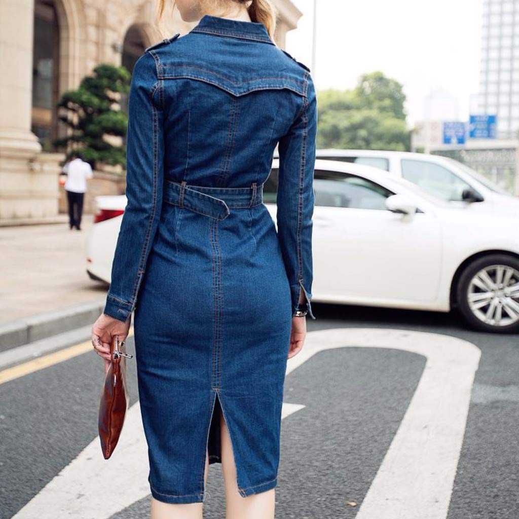 Damen Frühling Sommer Elegant Bodycon Jeanskleid Langarm Rundhals Knopf Knielang Epaulet Denim Blusekleid Partykleid Cocktail Kleid Mit Gürtel Denim Kleider Slim Fit Wickelkleid Knielang Midi Kleid