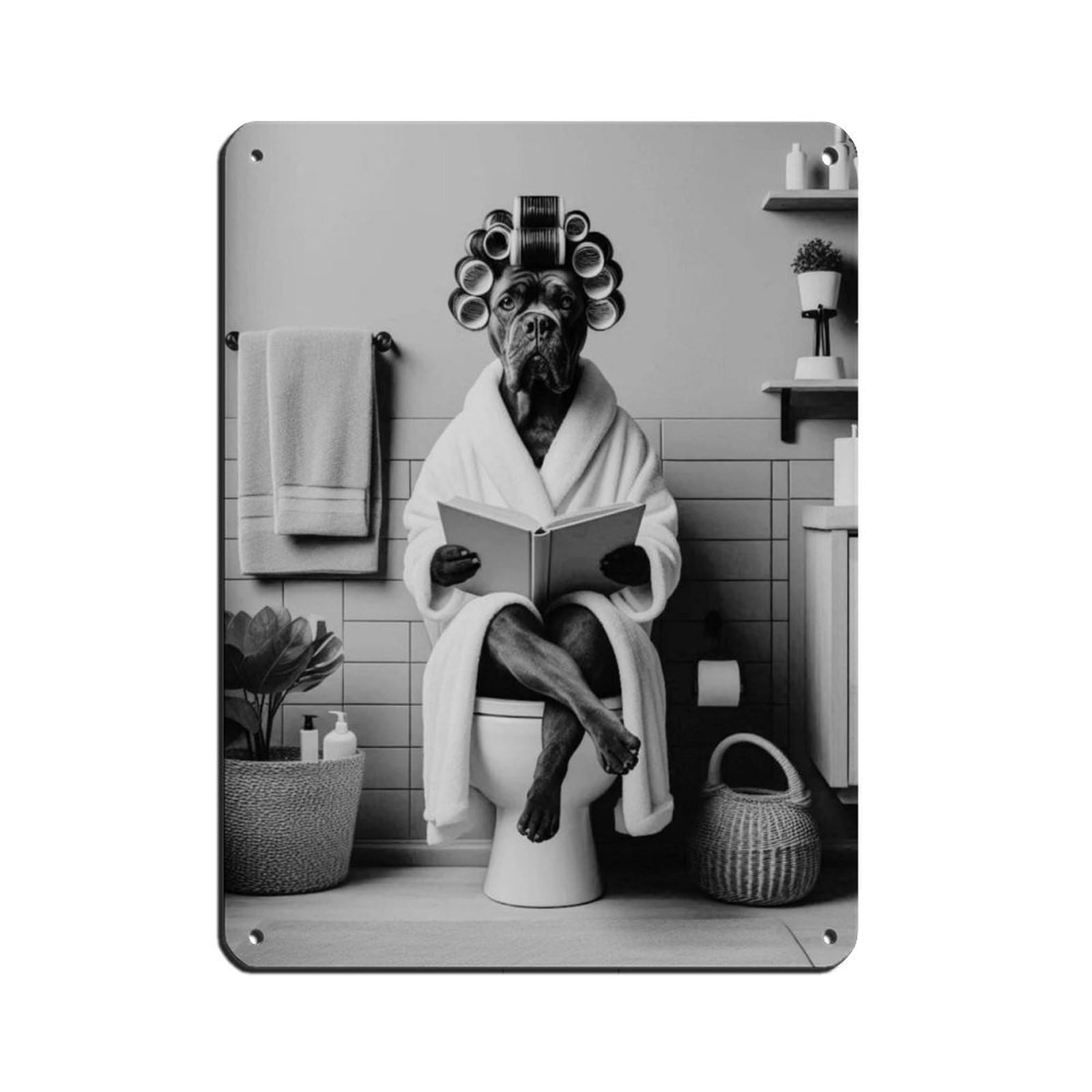 Cane Corso on Toilet Reading Book Retro Poster Metal Tin Sign Chic Art Retro Iron Painting Bar People Cave Cafe Family Garage Poster Wall Decoration 12x16inch(30x40cm)