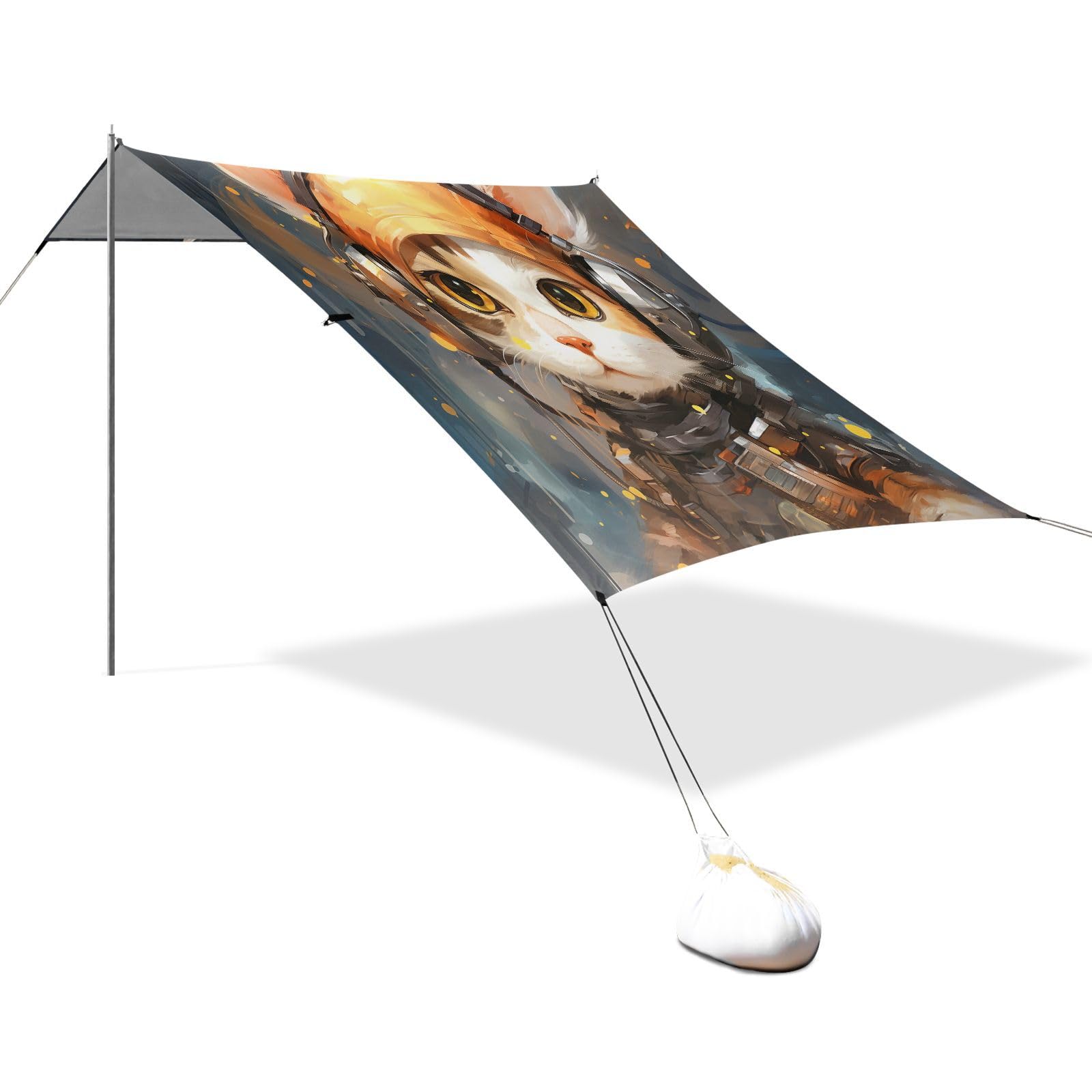 Coole Katze Soldat Kunstwerk Strandzelt Sonnenschutz Camping-Vordach,Einfach Aufzubauen,Tragbar mit Sandsäcken für Angeln und Picknick im Freien