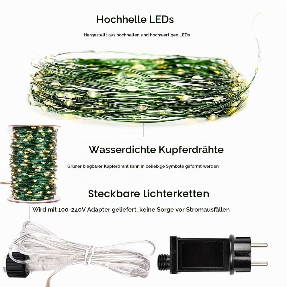 120m LED-Lichterkette Grüner Kupferdraht, 1200 LEDs Warmweiß, Wasserdicht Außen, Unsichtbar in Pflanzen, mit Fernbedienung & 8 Modi für Weihnachtsbaum, Terrasse, Garten