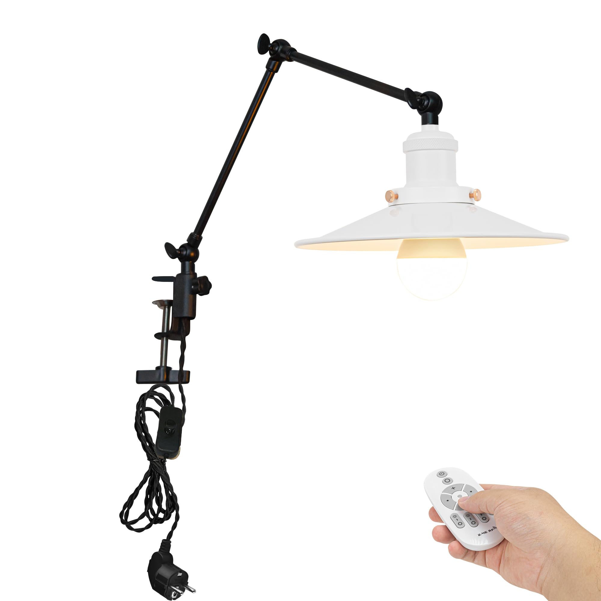 Industrial Klemmleuchte mit Fernbedienung, Einstellbar Clip auf Schreibtisch Leselampe,Dimmbar Clamp Nachttischlampe mit Flexarm für Schreibtisch Nachttisch Regal- Weiß TD/2773