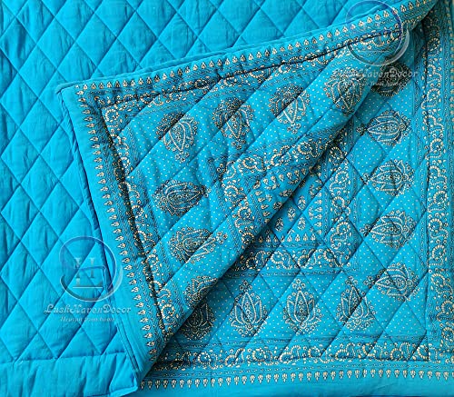 Image of Jaipuri Razai Single Bed Gold Print with Computerized Quilting Use as Soft and Breathable Cotton Comforter Quilt Rajai Blanket Dohar Size 55X85 inch Sky Blue Pack of 2