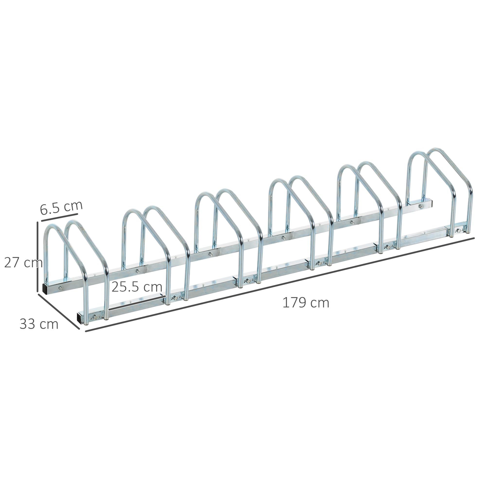 HOMCOM Rastrelliera Biciclette da Pavimento o Parete, Portabici da Terra per 6 Biciclette in Acciaio, Ruote Fino 65 mm, 179x33x27 cm, Argento
