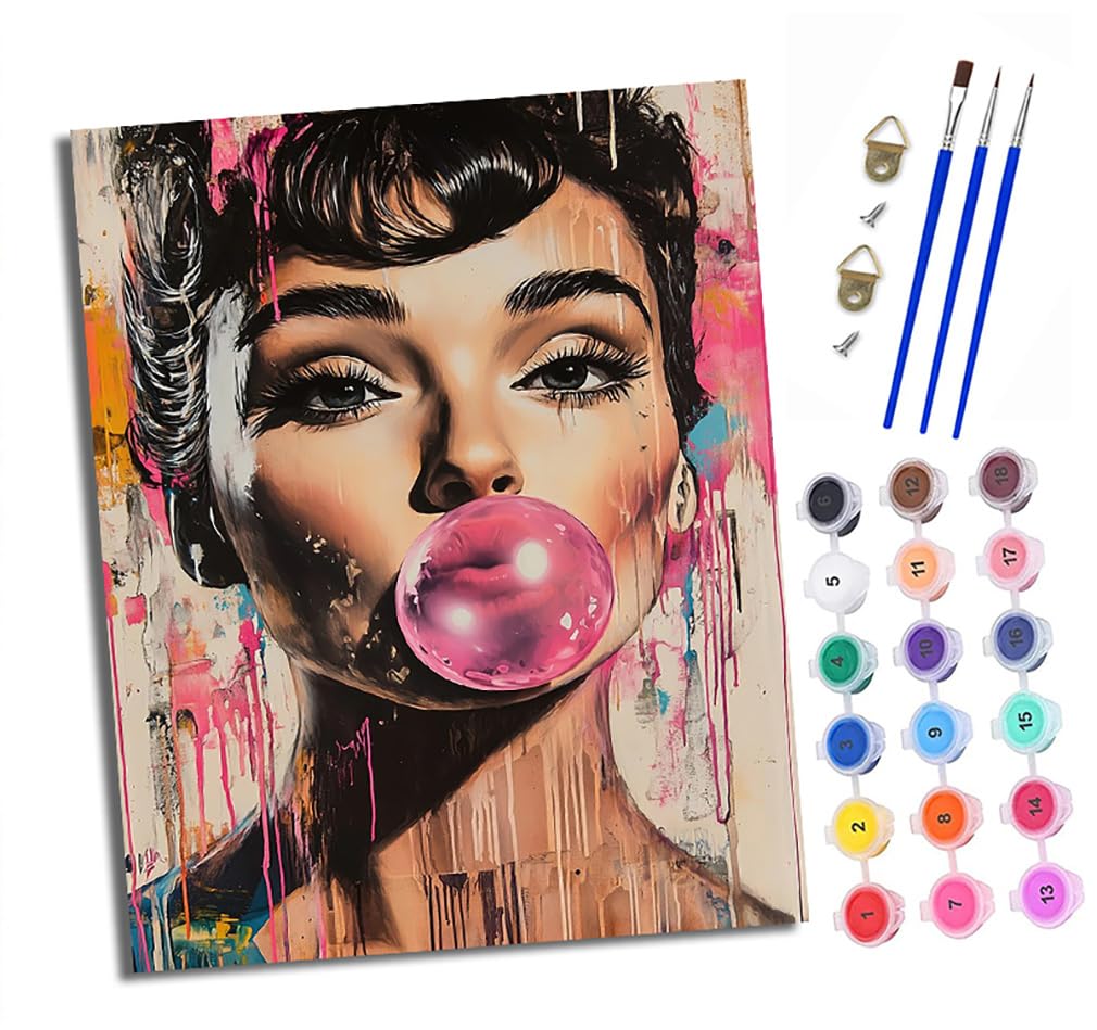 Xxhxie Paint By Numbers For Adults Painting Kit For Adults Craft Art Painting Kit Acrylic Pigment Drawing Audrey Hepburn Blowing Bubbles Paintwork For Gift Home Wall Decor 16X20 Inch (Without Frame)