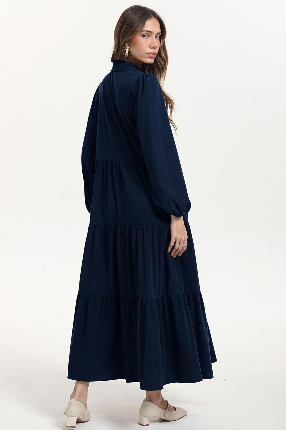 D-Sun Women Corduroy Maxi Dress Casual Long Sleeve Button Down Fall Winter Shirt Long Tiered Flowy Corduroy Dress with Pocket - Image 3