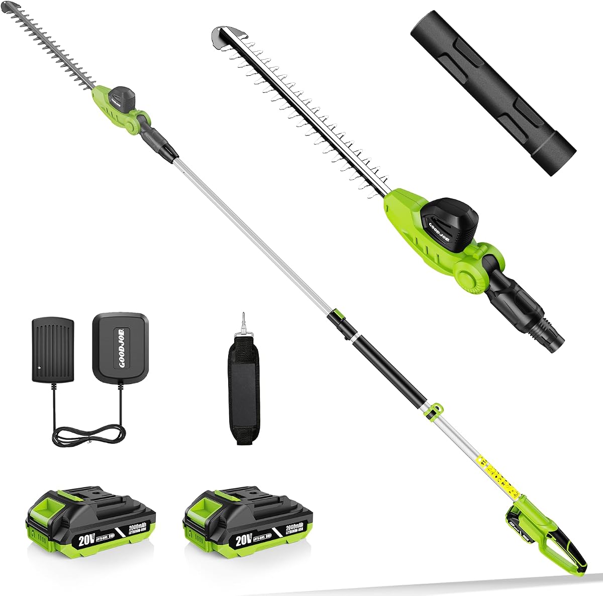 GOODJOB 20V Cordless Pole Hedge Trimmer with 18" Dual-Action Blade | 2 × 2.0Ah Batteries & Fast Charger 6.3Ft-8.6Ft Telescopic Pole 60 Mins Runtime 11-Position Adjustable Head 6 lbs Lightweight