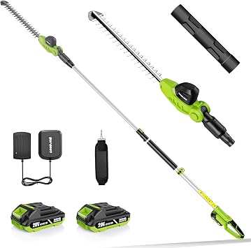 GOODJOB 20V Cordless Pole Hedge Trimmer with 18" Dual-Action Blade | 2 2.0Ah Batteries & Fast Charger 6.3Ft-8.6Ft Telescopic Pole 60 Mins Runtime 11-Position Adjustable Head 6 lbs Lightweight