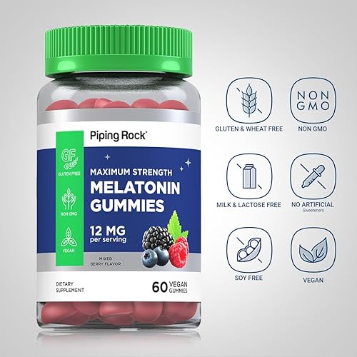 Miniatura 3 de Piping Rock Melatonin Gummies 12mg  60 Count  Maximum Strength  Berry Flavor  Vegan, Non-GMO, Gluten Free Supplement