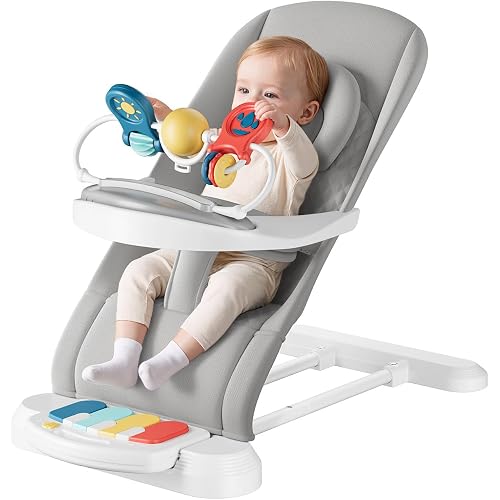 Monamii Baby Bouncer, Baby Bouncer Seat with Detachable Pianos & Feeding Tray, 3-Level Adjustable Positions Bouncing Seat, Infant Bouncer Seat and Toddler Chair (Grey)