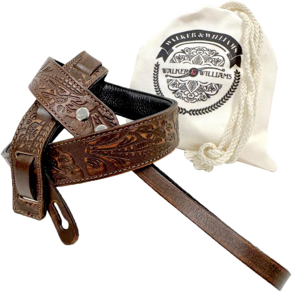 Walker And Williams M-22-BRN Bourbon Brown Leather Premium Padded Mandolin Strap With Live Oak Design, For Mandola, Bouzouki or Ukulele. For F And A Type Mandolins