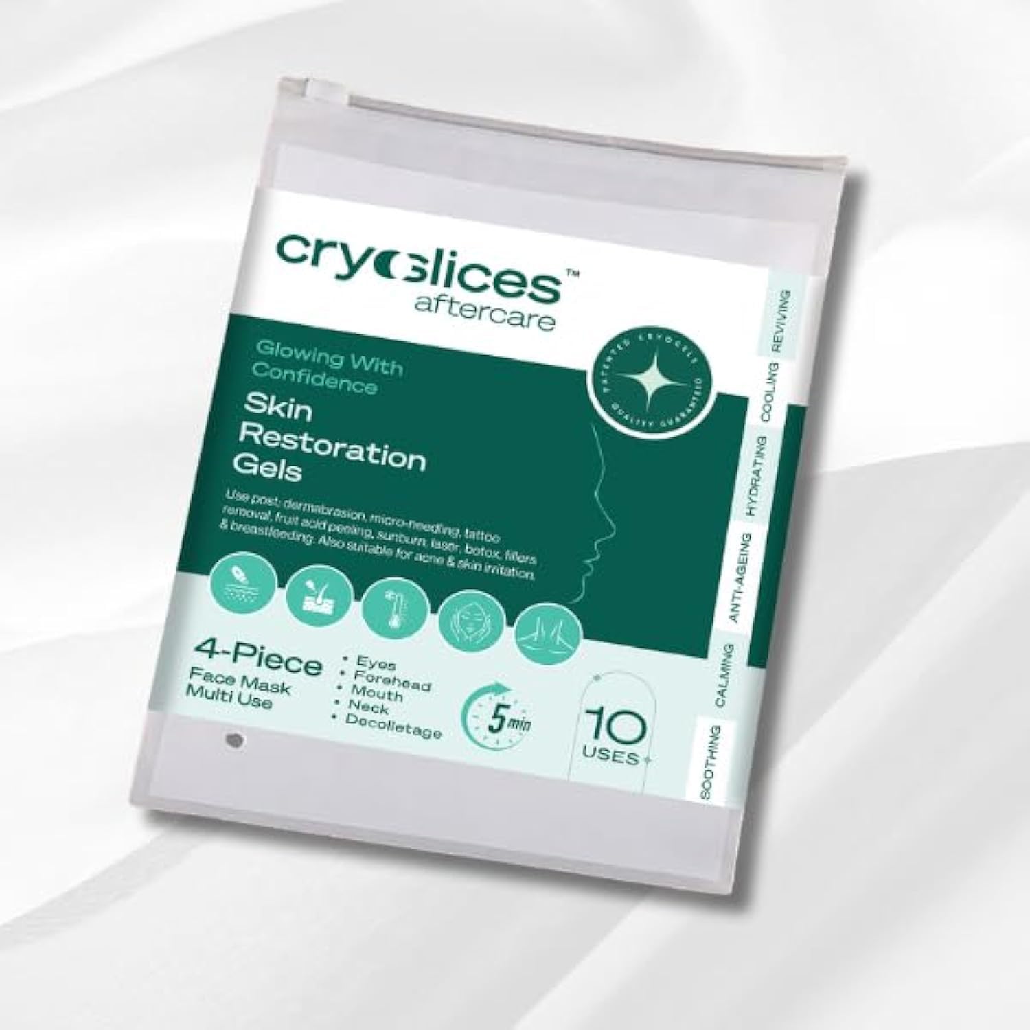 Cryoslices Aftercare Patented Cryogel Skin Restoration 4-Piece Face Mask, Clinically Proven, Muti-Use, Targets Puffiness, Dark Circles, Redness, Made with Natural Ingredients.