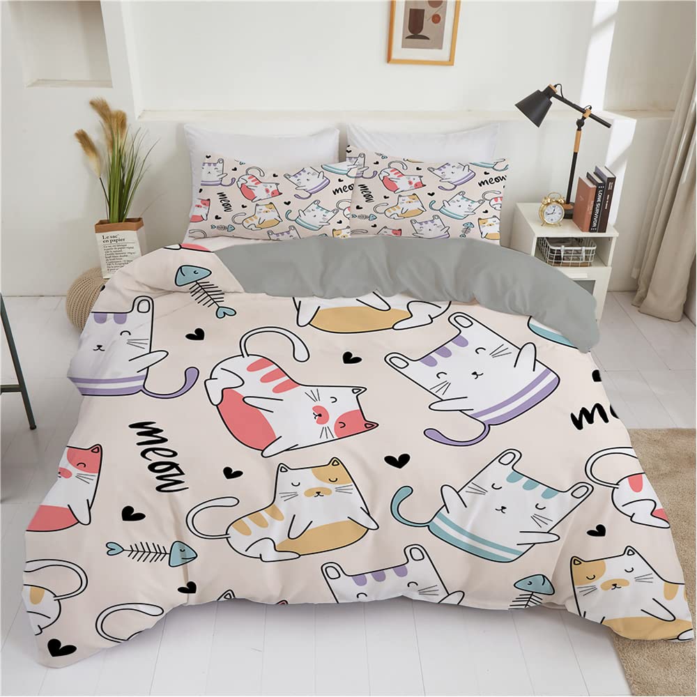 Treers Set Biancheria Da Letto Matrimoniale 3 Pezzi Con Gatto 3D - Copripiumino E Federe In Microfibra (Turchese, 200x200 Cm)
