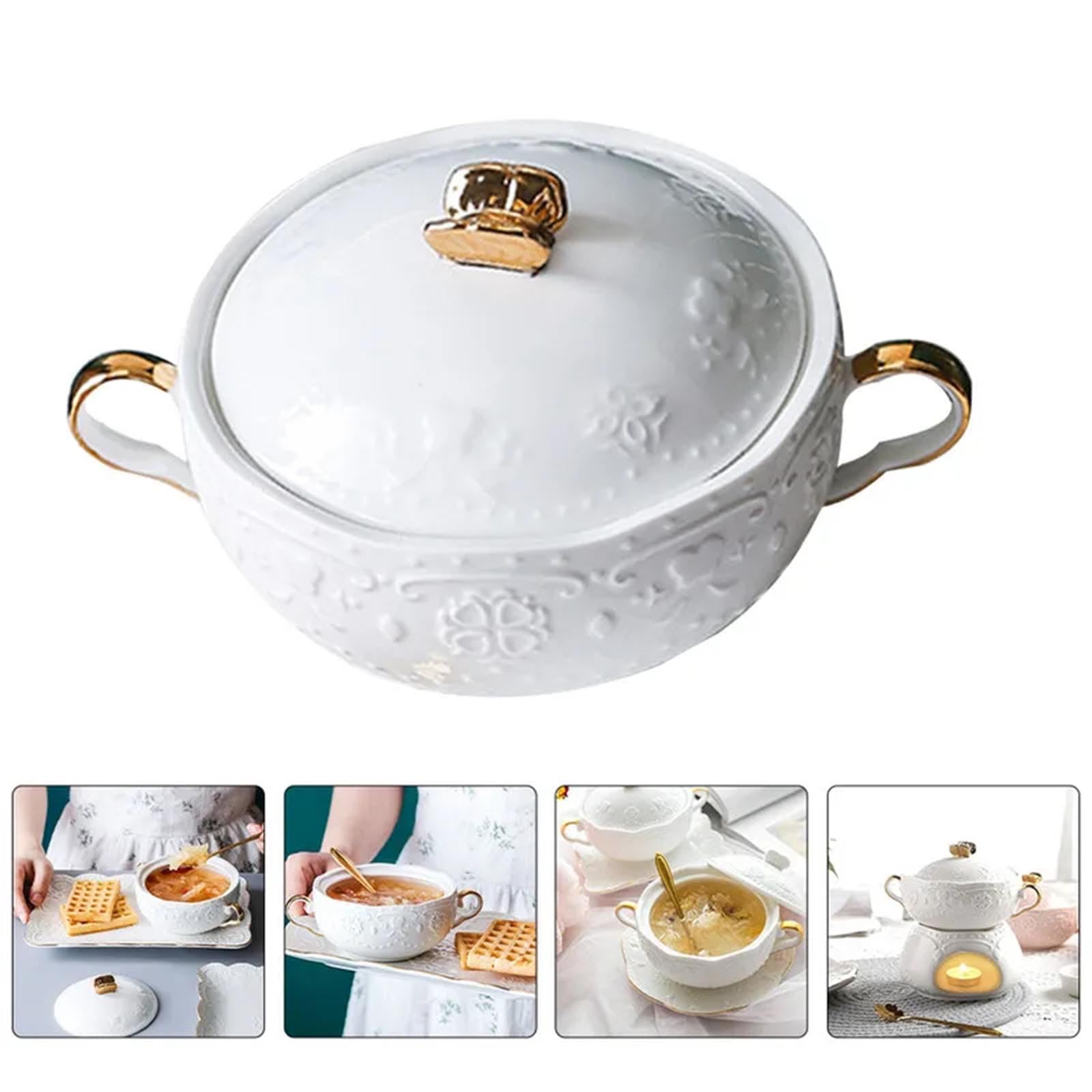 Keramik-Suppenterrine mit Suppenkelle, Elegante Keramik-Suppenschüssel im europäischen Stil für Restaurant, Zuhause, Küche, Dekoration, Suppentopf