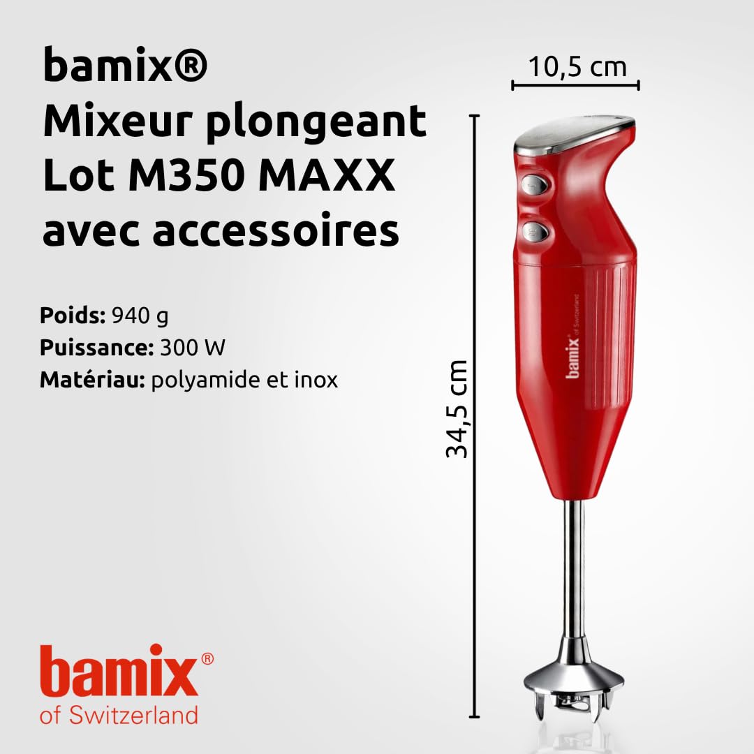bamix Set mixeur plongeant M350 MAXX avec support, 2 récipients, 4 accessoires, Processeur, Spatule, Brosse de nettoyage, 300 W, Fabriqué en Suisse, Rouge/chrome