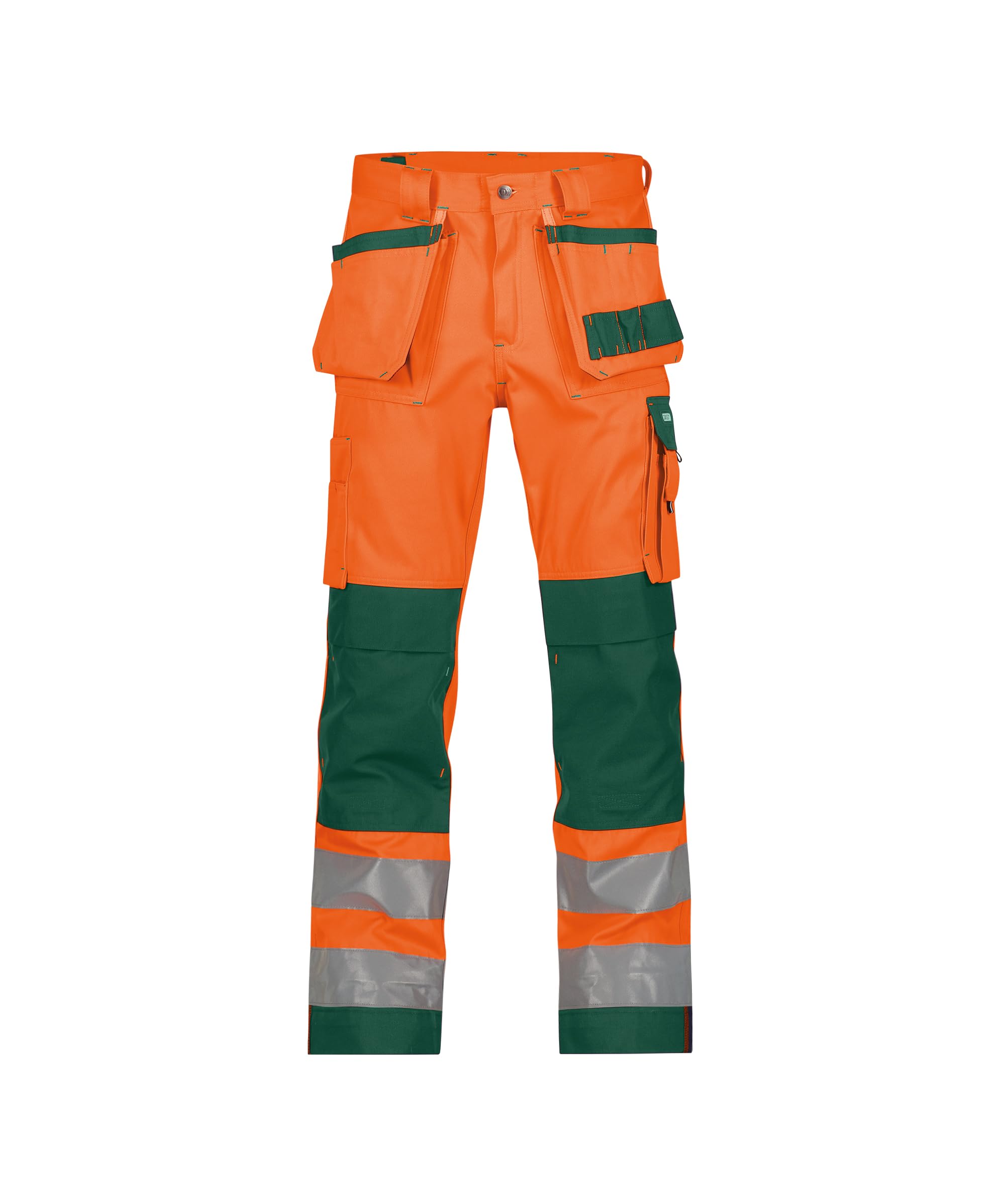 Dassy 200899-6631-52 Glasgow - Pantalones de trabajo de alta visibilidad con múltiples bolsillos y bolsillo en la rodilla, 290 g/m2, color naranja fluorescente/verde botella, talla 52