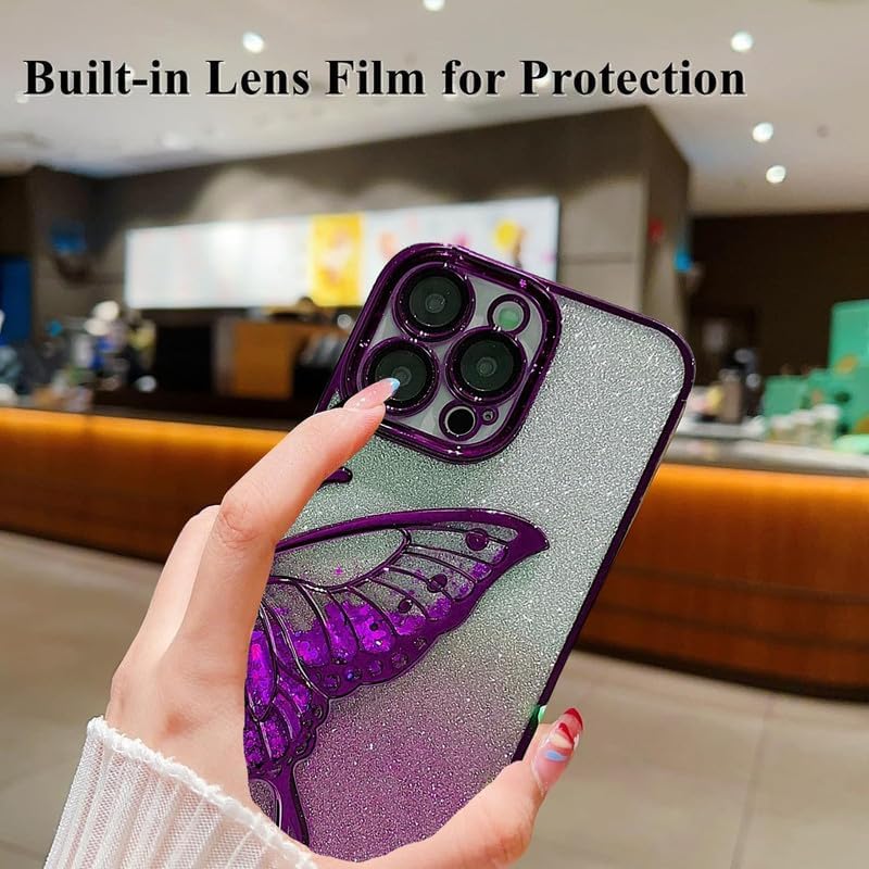 Image of MIDOS Thermoplastic Polyurethane Designed Compatible With iPhone 14 Pro Max Case With Glitter Cute Butterfly Plating Design Aesthetic Women Girls Cover For iPhone 14 Pro Max (Purple)