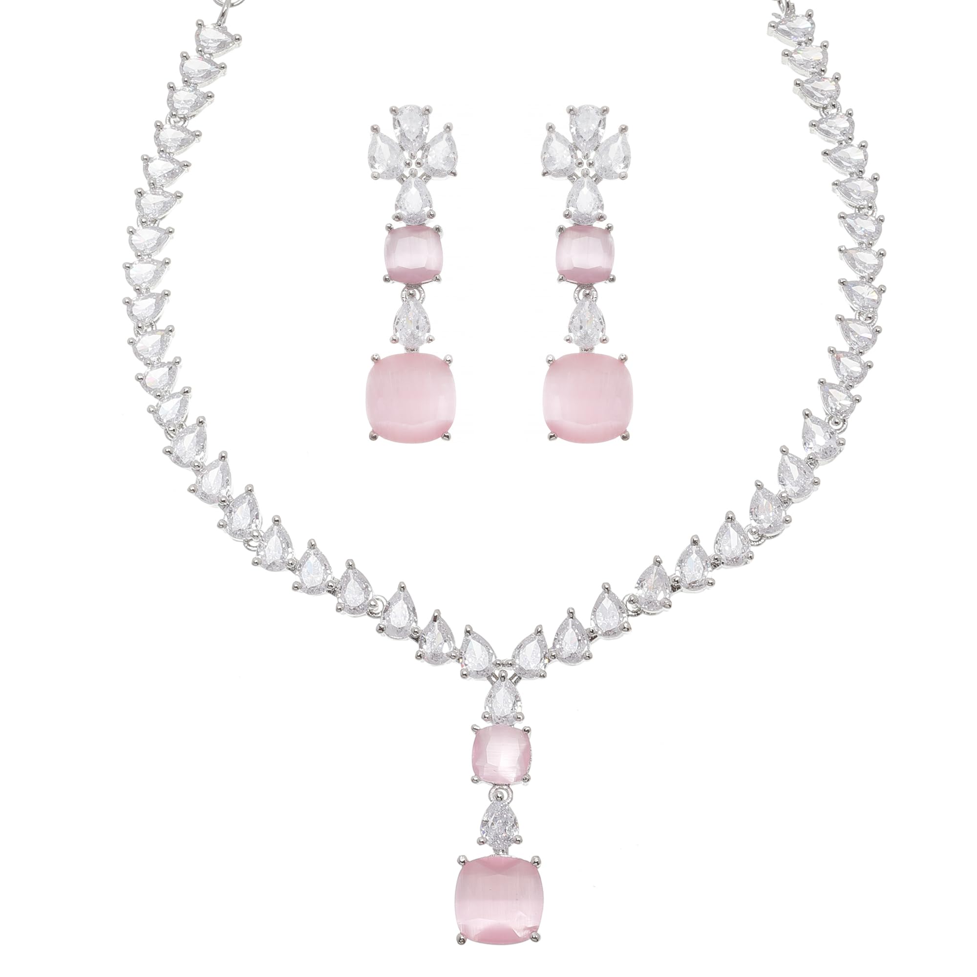 ZENEME Rhodium-Plated Square American Diamonds Studded Pendulous Necklace With Earrings Jewellery Set For Girls and Women (Pink) (B0CGRRQJTM) Amazon Price History, Amazon Price Tracker
