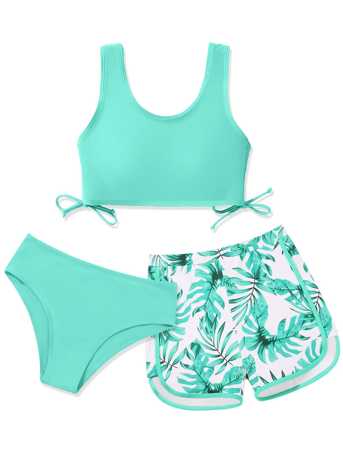Girl's 3 Piece Bikini Bathing Suit Printed Sport Swimsuits with Shorts Cove Up Sets Teen Girl's Swimwear