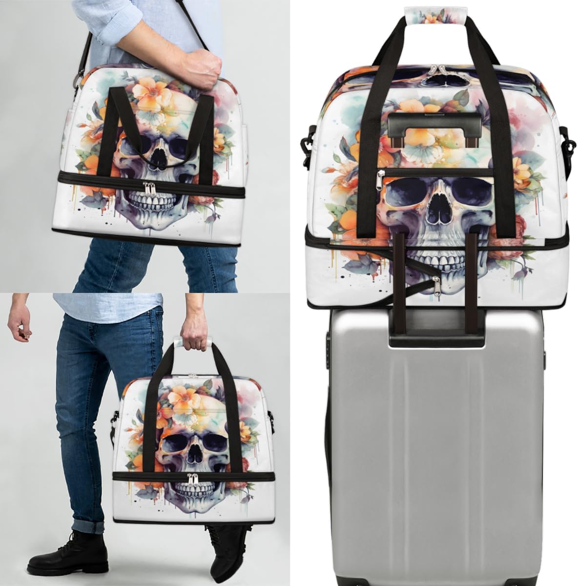 QsirBC Skull Decor Pattern Gym Bag for Women Duffle Tote with Shoes Compartment Men Weekender Duffel for Dance Travel Sports Swimming Overnight