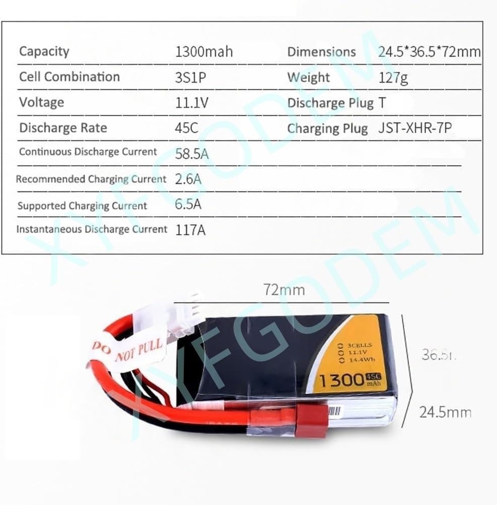 Batteria Lipo da 1300 mAh, 45 C, 3S1P, 11,1 V, batteria interna con connettore T per aereo RC, elicottero, multirotor, FPV, drone da corsa (confezione da 2)