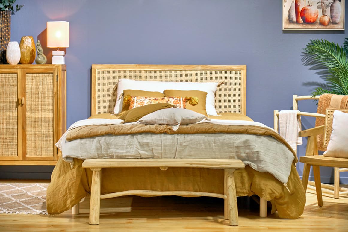 Meubletmoi Cabecero de Madera Maciza con Cannage de Ratán L. 160 cm – Estilo natural y exótico – Bruno