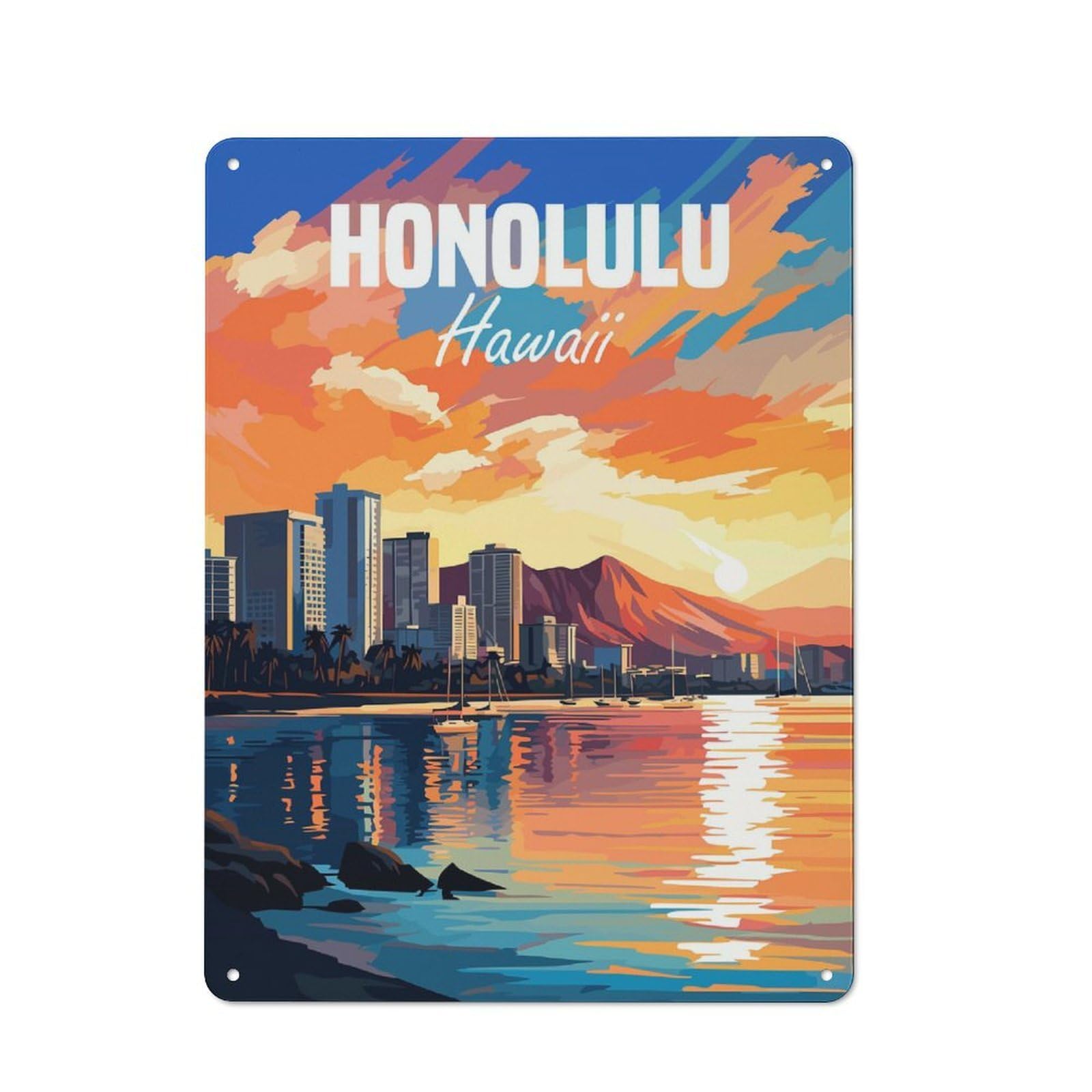 Metal Wall Sign 40x30cm Featuring Hawaii Honolulu for Garage Or Workshop, Suited to Workshop Owners