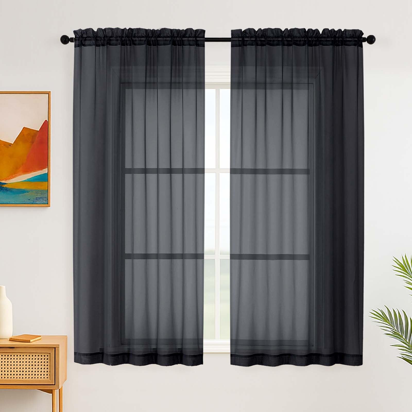 Simplebrand Black Sheer Curtains 163 cm Length for Bedroom, 2 Panels Set, voile with Light Filtering Curtains & Drapes, Rod Pocket Window Curtains for Living Room (Black, 150cm W x 163cm L)