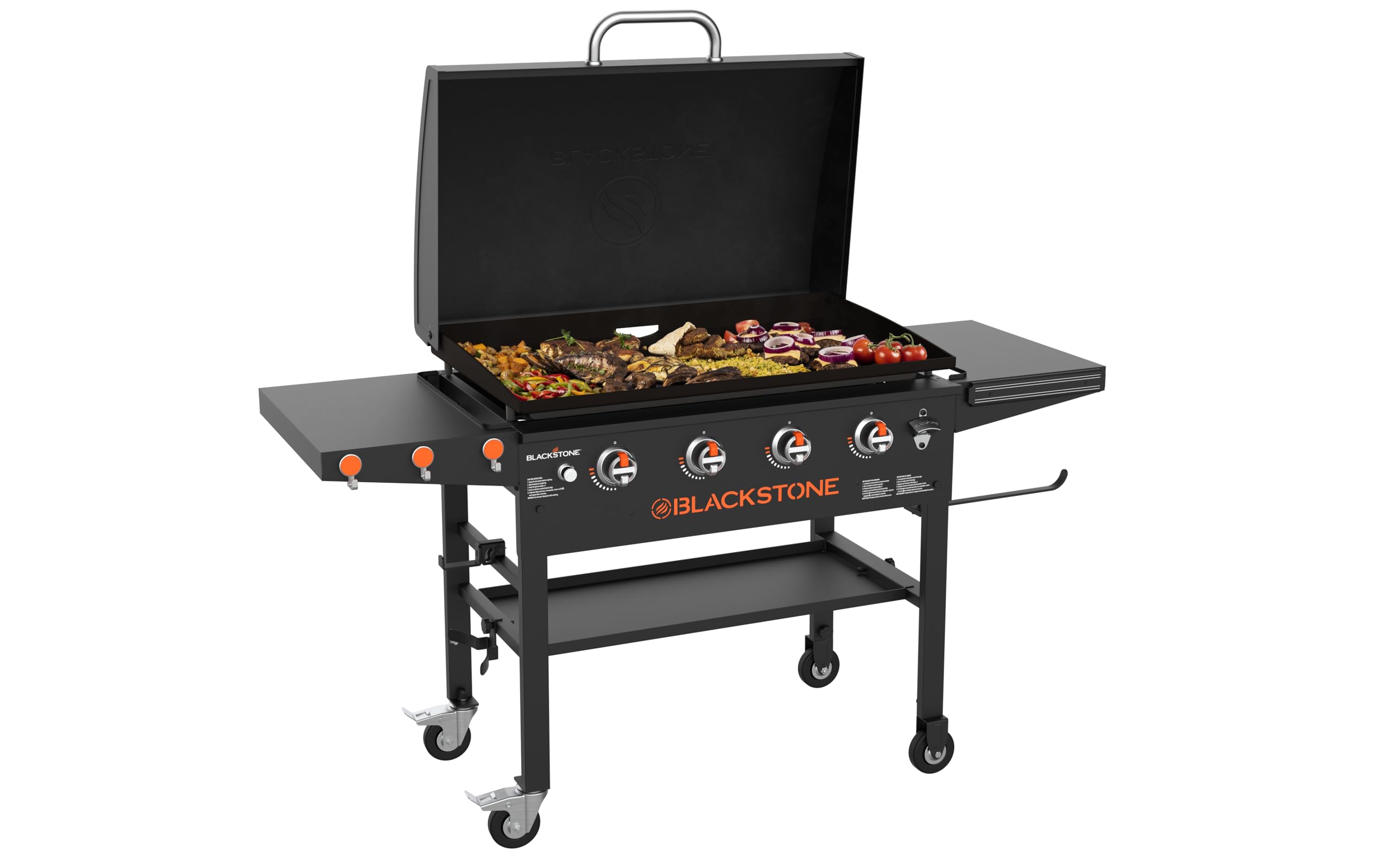 Blackstone® 36" Griddle Station with Hood – 768 sq. in. Cooking Surface, 60,000 BTUs, Grease Management, 4-Wheeled Cart, Dual Folding Shelves, 4 H-style burners, Magnetic Utensil Retention