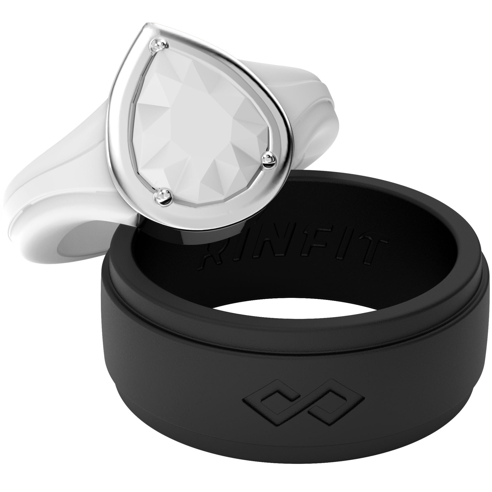 Rinfit Matching Silicone Rings for Couples - Wedding Bands for Him and Her - Emerald/Oversized Pear/Metal Pear & Infinity Patented Design